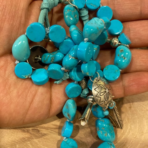 Hand Knotted Sleeping Beauty Turquoise Squash Blossom Dreamcatcher Necklace - Picture 9 of 10